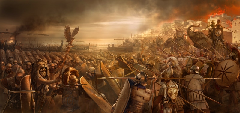 art, architecture, panoramic, sea, high angle view, sunset, weapons, Total War: Rome 2, battle, coast, 8K, technology, the battle, two, sky, environment