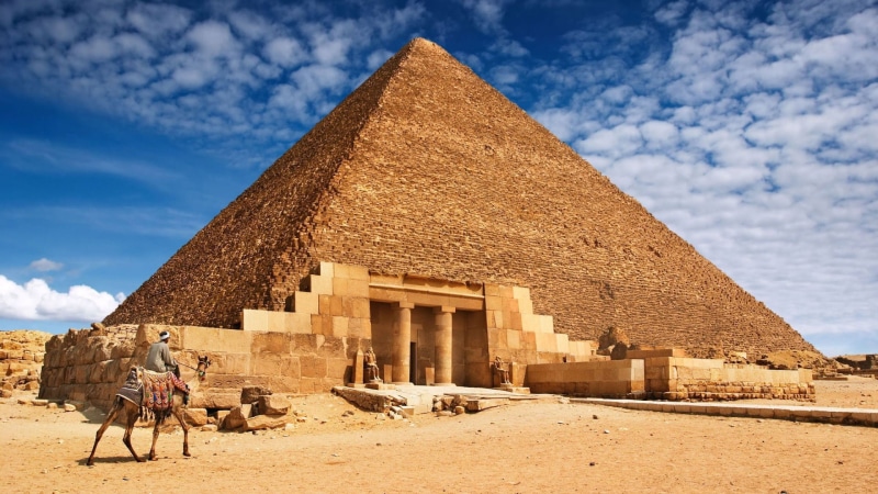 clouds, Pyramids of Giza, stones, photo manipulation, animals, men, nature, architecture, sand, column, building, sky, desert, 1080P, camels, landscape