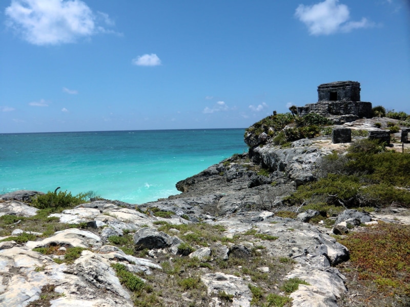 1080P, tropical, outdoors, ruins, stone, travel, caribbean, tourism, architecture, culture, temple, beach, tulum, horizon, archaeology, landmark, body