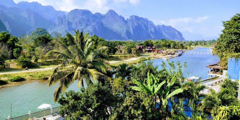 lake, jungle, nature, 4K, palm tree, beauty in nature, laos, scenics - nature, trees, land, vang vieng, building, sky, vegetation, green, rainforest, scenery