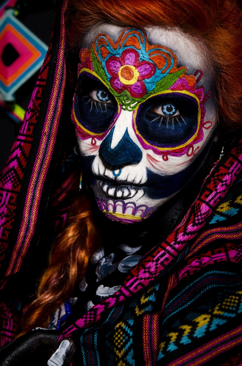 mask, woman, indoors, retoque, hairstyle, muerte, celebration, 2K, paint, face paint, one person, huichol, fergomez, headshot, haired, catrina, obscured face