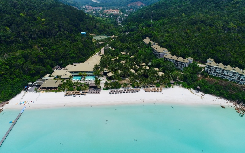 turquoise colored, shore, tourism, building, tree, beach, architecture, view, mountain, 1080P, travel, body, plant, house, swimming pool, scenics - nature