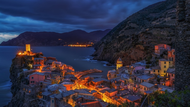 mountain, lights, brown, architecture, sea, land, beauty in nature, mountains, Vernazza, building, house, travel destinations, 1080P, Italy, built structure