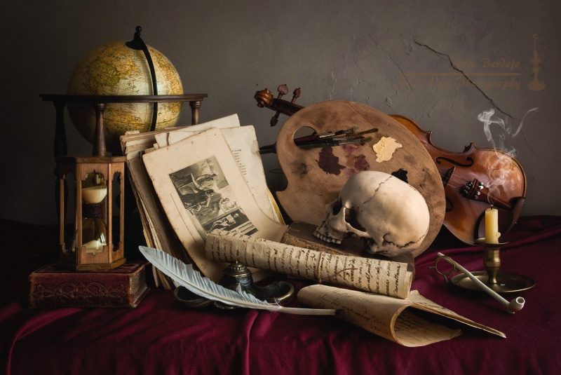 palette, pen, the manuscript, candle, 2K, still life, violin, globe, tube, skull, watch