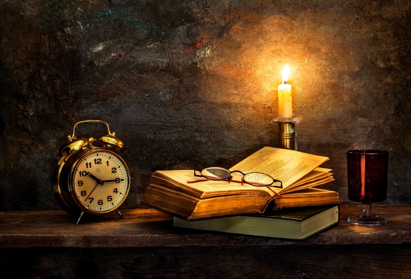indoors, education, fire, wisdom, fire - natural phenomenon, backgrounds, library, alarm, black, manuscript, illuminated, lighting equipment, book, alarm Clock