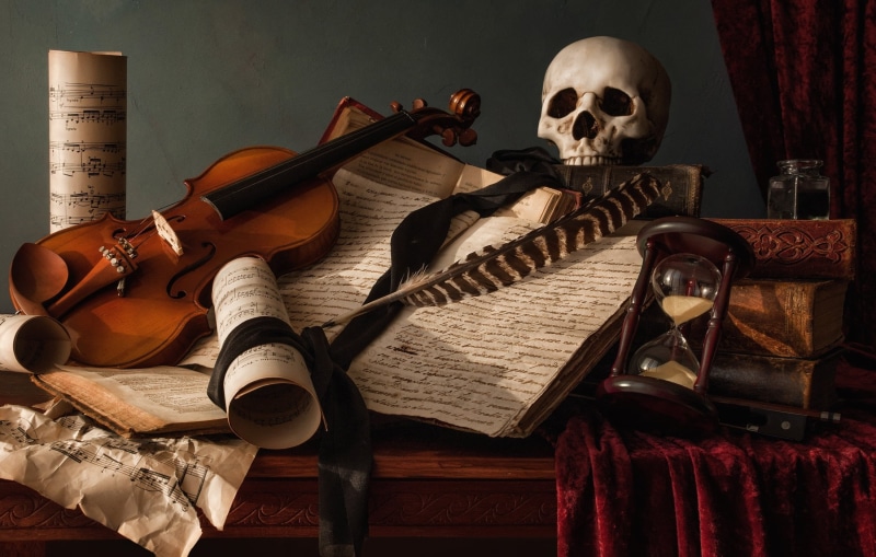 hourglass, book, 1080P, human skeleton, sheet, table, old, music, pen, notes, still life, string instrument, paper, books, musical equipment, indoors