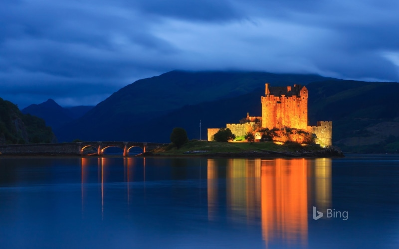 built structure, bridge - man made structure, reflection, water, nature, outdoors, 1080P, castle, scotland, illuminated, bing, mountain, sunset, cloud - sky