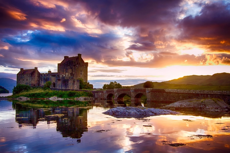 travel destinations, 1080P, lake, cloud - sky, sky, no people, built structure, building, building exterior, Castle, body, fort, Scotland, sunset, history