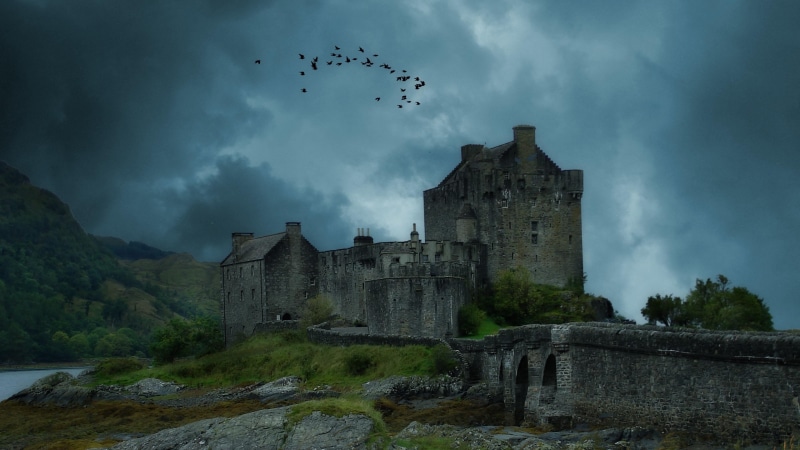 tower, scotland, darkness, building exterior, eilean donan, nature, no people, cloud - sky, sky, europe, fearful, 4K, united kingdom, history, building