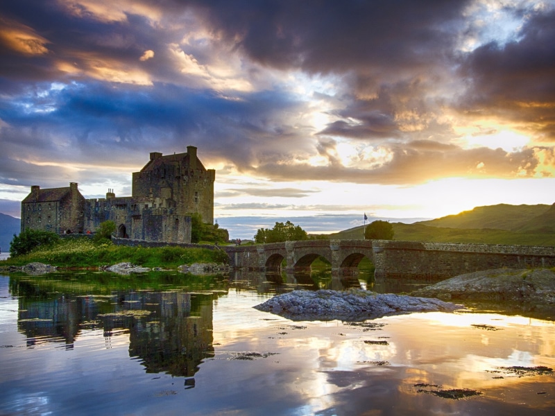 sunset, water, reflection, the past, travel destinations, building, travel, history, lake, sky, 1080P, old, castle, cloud - sky, eilean donan castle, medieval