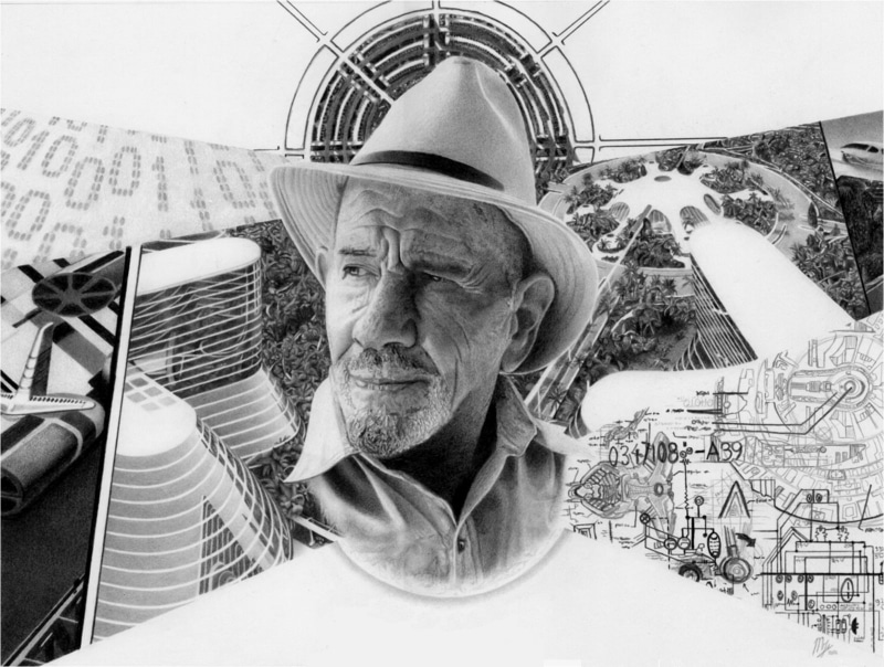 lifestyles, men, architecture, built structure, senior men, Jacque Fresco, real people, digital composite, one person, portrait, mature adult, mature men
