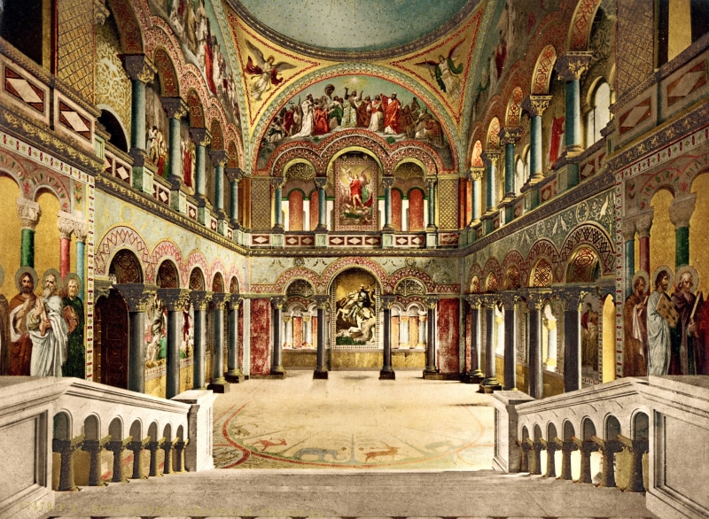 belief, stairs, spirituality, ceiling, artwork, history, mural, seat, built structure, craft, interior, the past, ornamented, architectural column, fresco