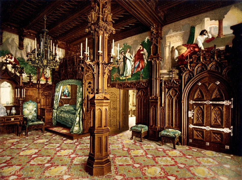 travel destinations, the past, architectural column, 2K, bed, built structure, mural, carpet - decor, luxury, candles, Germany, building, indoors, Neuschwanstein Castle