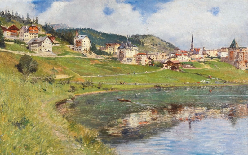 1910, Views of lake St. Moritz, Switzerland, Italian painter, 4K, the Canton of Grisons, Alberto Rossi, oil on canvas, View of Lake St. Moritz