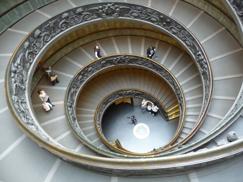 famous, stairs, high angle view, indoors, shape, crowd, men, railing, adult, 2K, place, europe, stairway, rome, leisure activity, group of people, spiral staircase