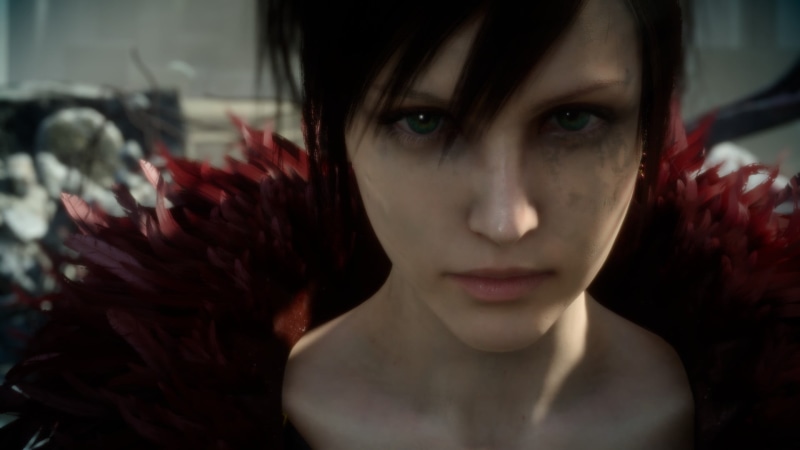 Agnis Philosophy, face, close-up, 1080P, make-up, crew, neck, focus on foreground, green eyes, shirt, headshot, black, looking at camera, emotion, women