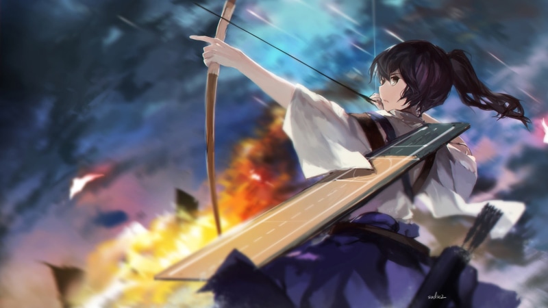bow, one person, low angle view, glass - material, holding, Kaga (KanColle), sunlight, ponytail, leisure activity, Kantai Collection, 1080P, anime girls