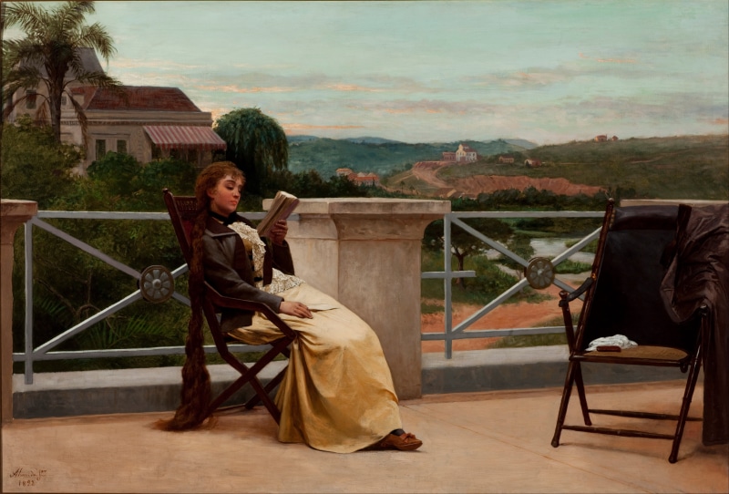 books, artwork, 4K, women, reading, long hair, classic art, painting, Almeida Júnior