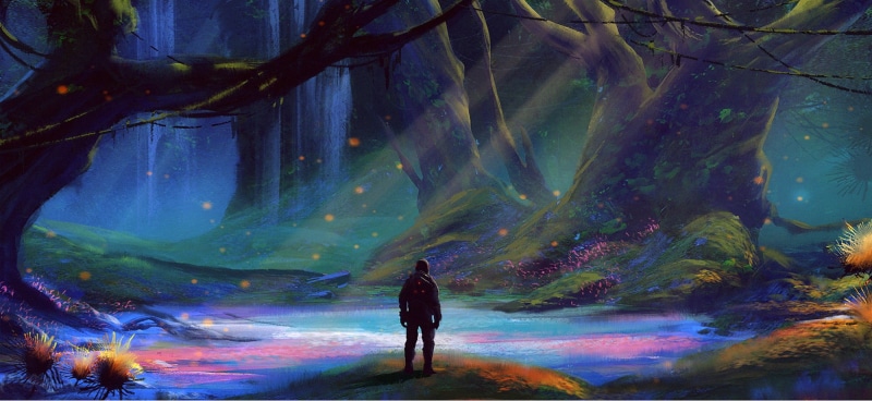 rear view, forest, outdoors, leisure activity, multi colored, painting, watching, water, land, concept art, 1080P, environment, men, tranquility, scenics - nature
