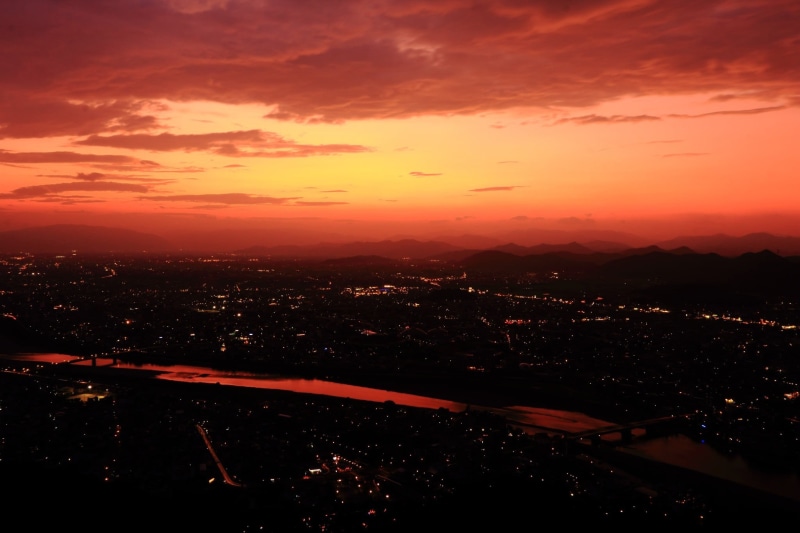 nature, lights, scenics - nature, sky, aerial view, night, sunset, street light, high angle view, orange color, building exterior, river, 1080P, road