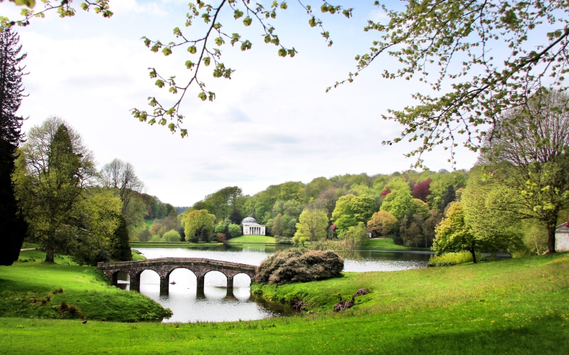 nature, sky, stourhead lake, tree, water, tranquility, lake-wiltshire, park, landscape, cloud - sky, stourhead, arch bridge, day, tranquil scene, connection