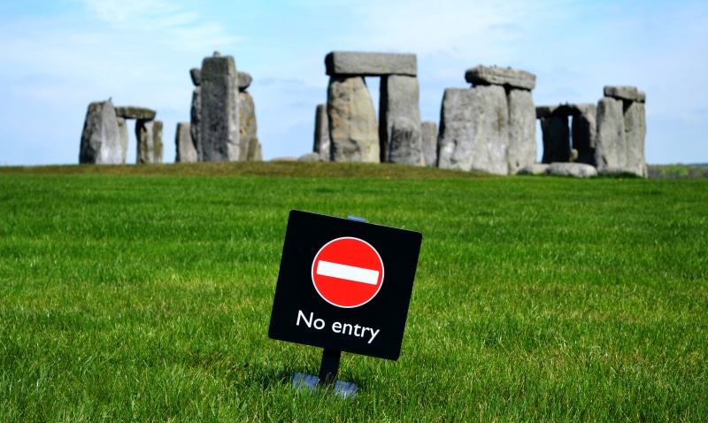 mystery, henge, uk, sky, england, grass, outdoors, text, focus on foreground, field, stonehenge, landscape, prehistoric, western script, 4K, britain, green color