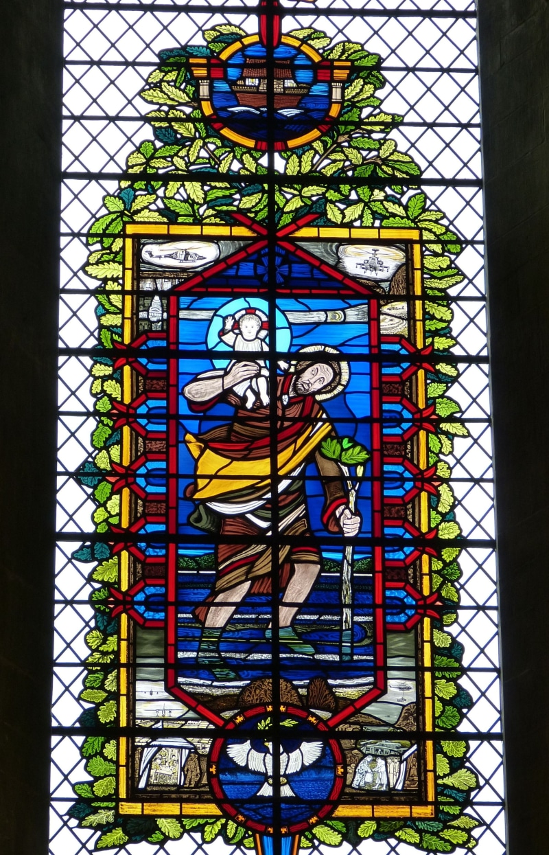 spirituality, christopher, stained glass, salisbury, no people, built structure, outdoors, pattern, england, belief, multi colored, christ, architecture