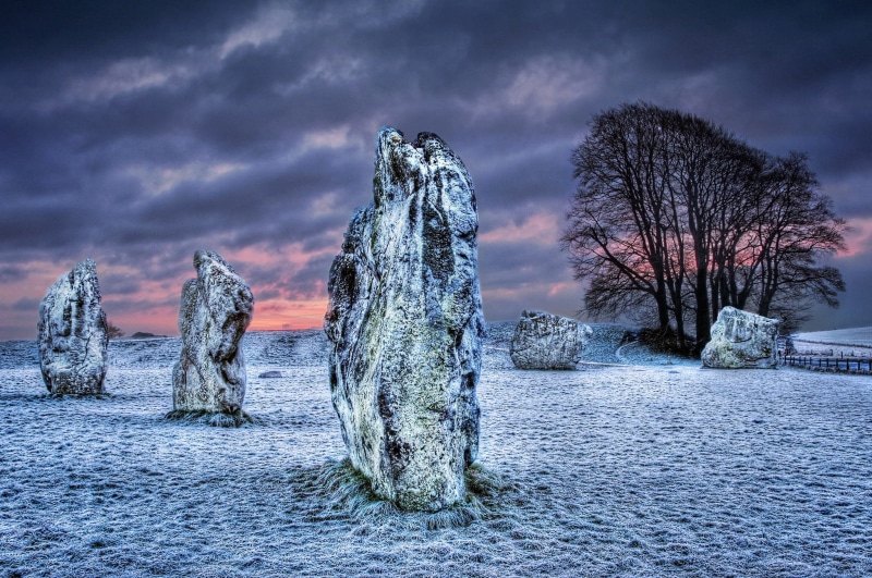 megalith, sky, field, clouds, winter, sunset, stones, 1080P, wood