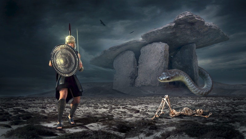 threatening, warrior, spartan, megaliths, one person, say make, sky, water, mystical, stones, adult, risk, monument, outdoors, digital composite