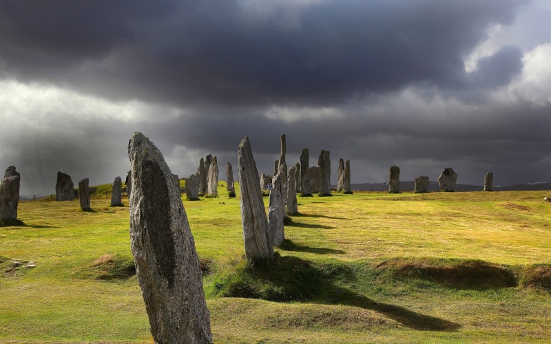 boulders, megaliths, stones, grass, clouds, 1080P