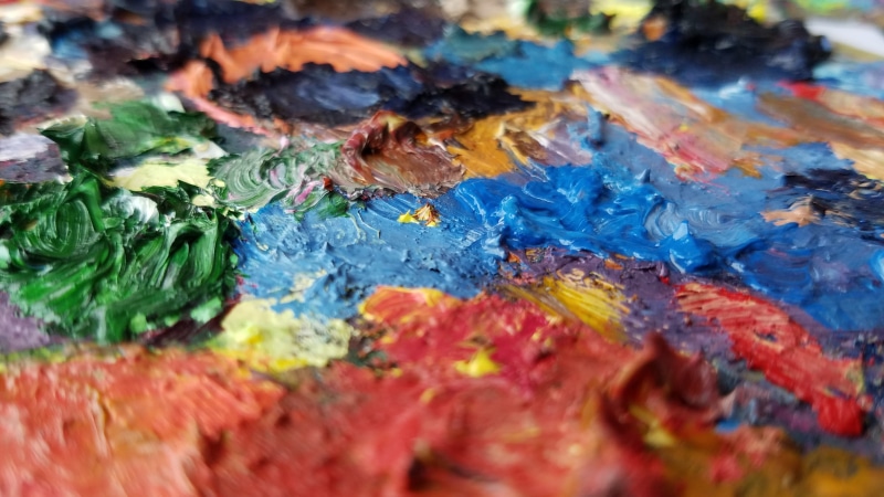 pattern, textured, art and craft equipment, indoors, green, paint, multi colored, color, no people, close-up, colour, pallet, creativity, selective focus