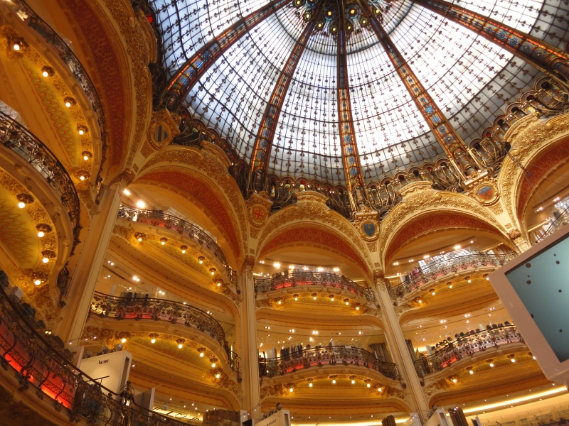 galerie, travel, low angle view, no people, built structure, ornate, luxury, indoors, travel destinations, architecture, les galeries lafayette, 4K, skylight