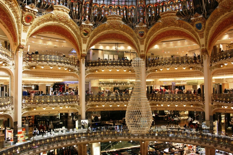 baroque style, lighting equipment, built structure, no people, travel destinations, shopping mall, shelf, large group of objects, arch, lafayette galleries