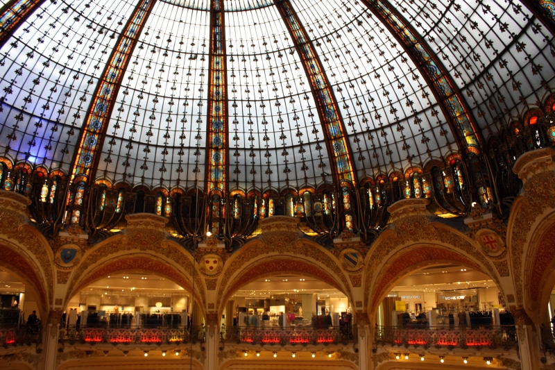 glass, glass - material, low angle view, department store, no people, shopping, paris, dome, atmospheric, beauty, 4K, architectural column, illuminated