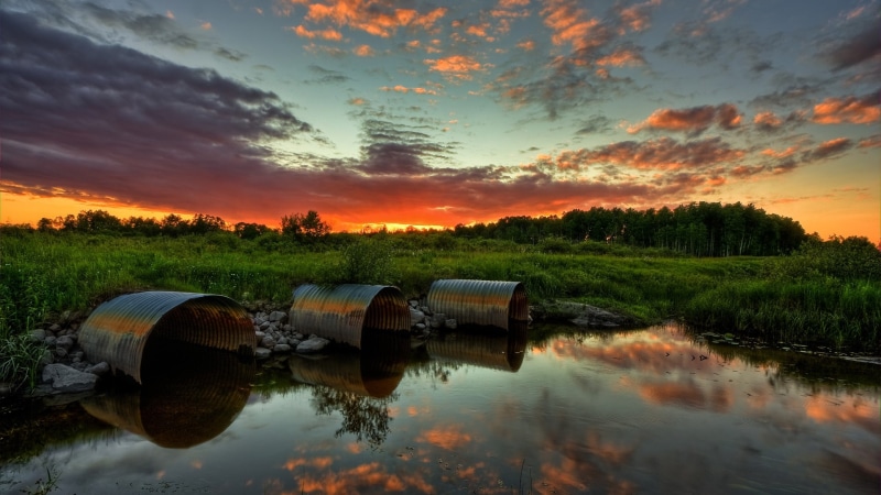 evening, reflexion, pipes, sky, 1080P, decline, water