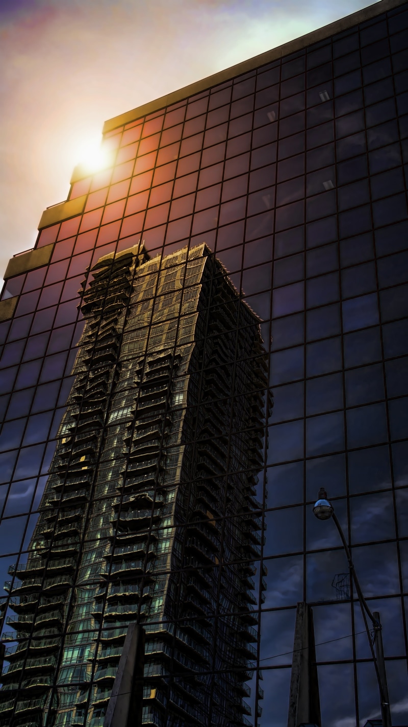 4K, office, reflexion, city, skyscraper, architecture, low angle view, sunset, building, glass - Material, downtown, architecture And Buildings, window