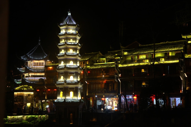 spire, hunan, residential district, lighting equipment, night, ancient tower, no people, nature, china, building exterior, architecture, fenghuang, tourism