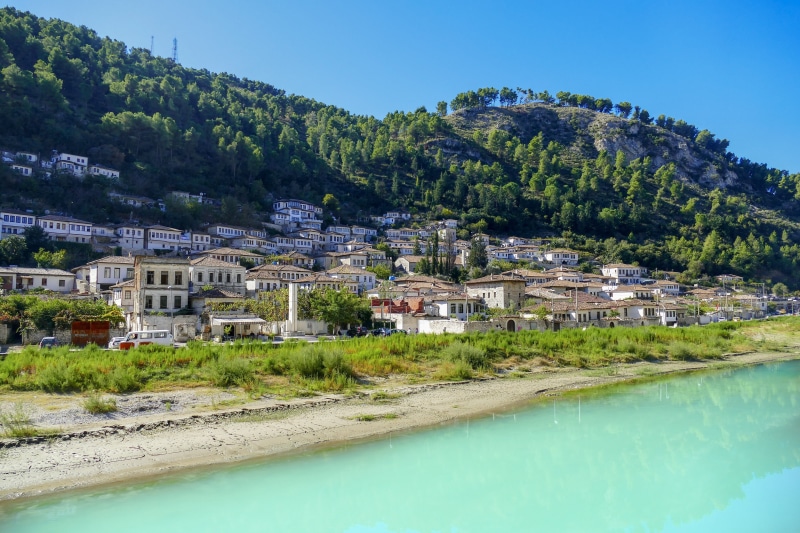 land, europe, balkan, residential district, architecture, green color, river, history, mountain, berat, blue, scenics - nature, building, day, built structure