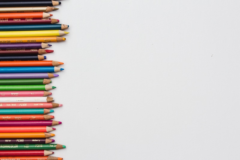 surface, cut out, office supply, hardcover book, coloring, copy space, camp, education, studio shot, textbook, white, no people, color pencil, pencils