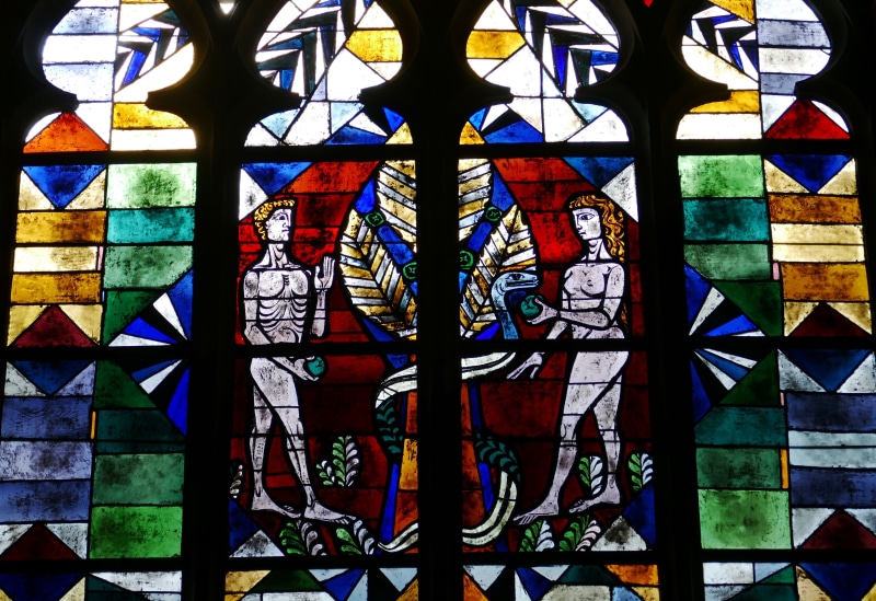 belief, built structure, glass, art and craft, human, snake, faith, place of worship, religion, floral pattern, art, stained glass window, church, spirituality