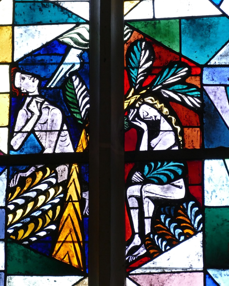 mural, representation, christian, graffiti, adam, building, multi colored, outdoors, stained glass window, eden, stained glass, eva, human representation