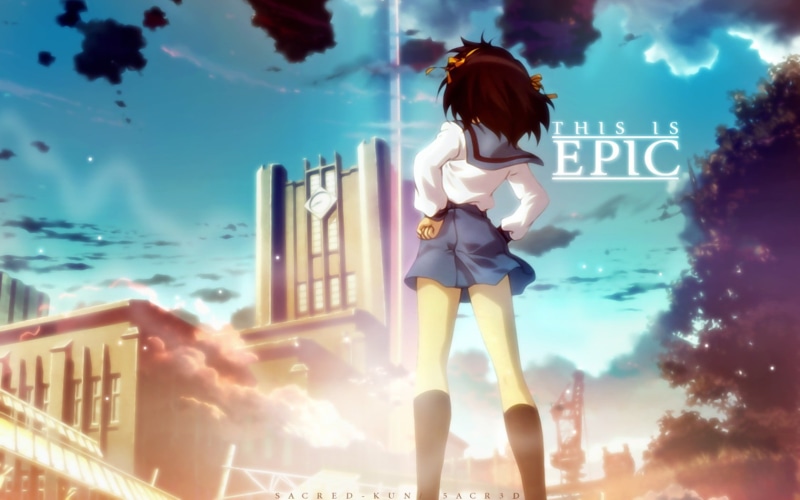 anime girls, Suzumiya Haruhi, digital composite, outdoors, built structure, rear view, full length, adult, skyscraper, one person, 720P, The Melancholy of Haruhi Suzumiya