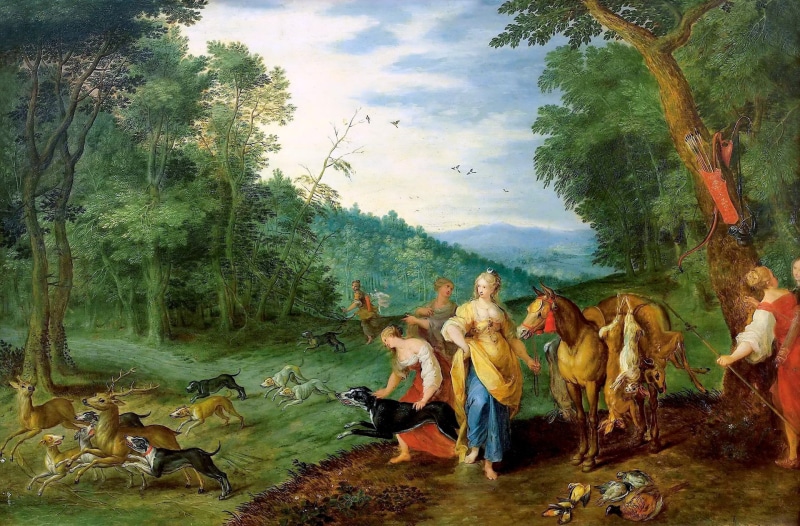 mythology, picture, 1080P, Diana on the Hunt, Jan Brueghel the younger