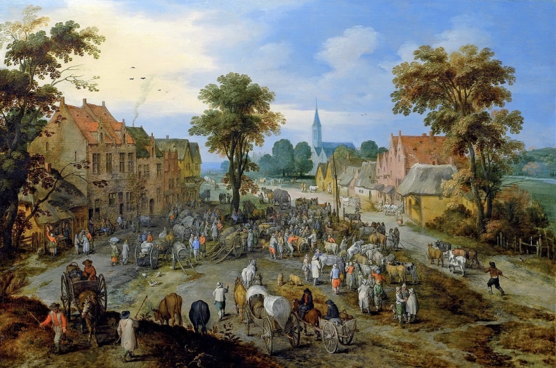 genre, 1080P, picture, landscape, home, Jan Brueghel the elder, Jan Brueghel the younger, Cattle Market in the Village