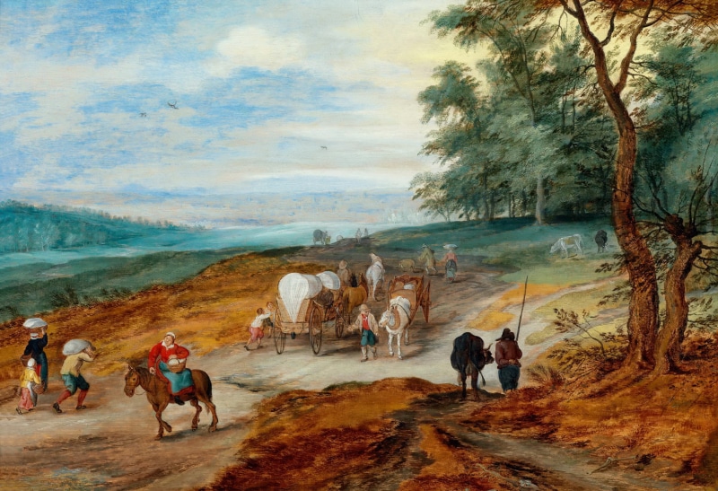wagon, A landscape with Travelers, Jan Brueghel the younger, picture, people, 1080P