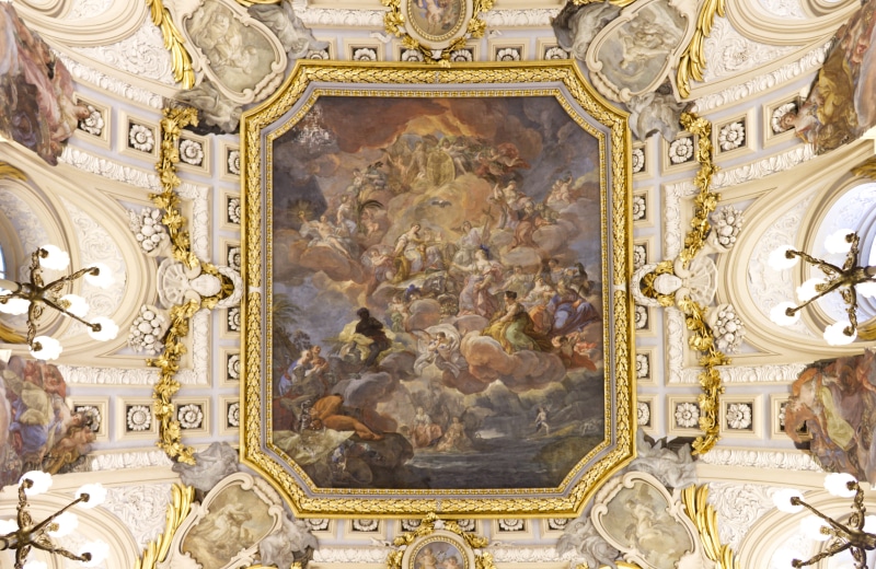 palacio real de madrid, low angle view, travel destinations, place of worship, male likeness, spirituality, ceiling, directly below, spain, madrid, representation