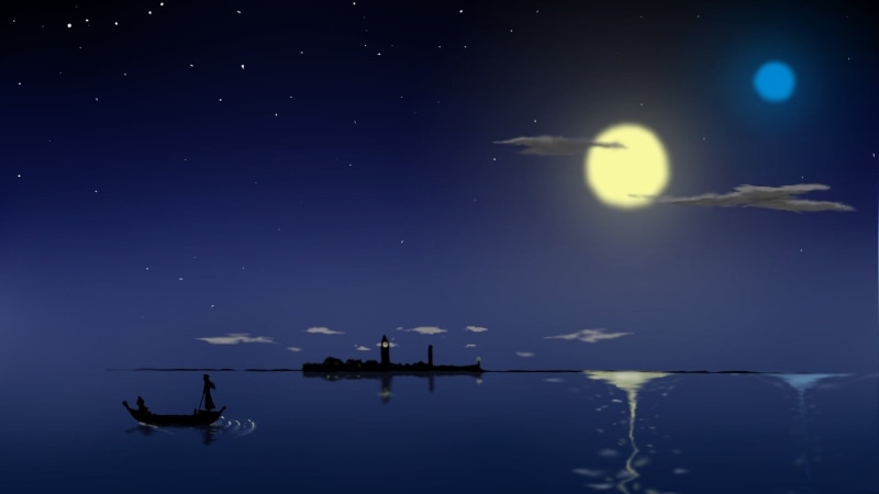 sea, silhouette, moon, water, flying, gondolas, moonlight, nautical vessel, outdoors, digital composite, sky, beauty in nature, boat, body, scenics - nature