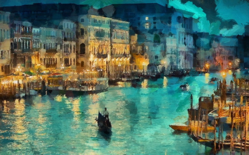 vacations, canal, multi Colored, building Exterior, man, oil Painting, built Structure, boat, gondola, day, standing, venice - Italy, europe, illuminated