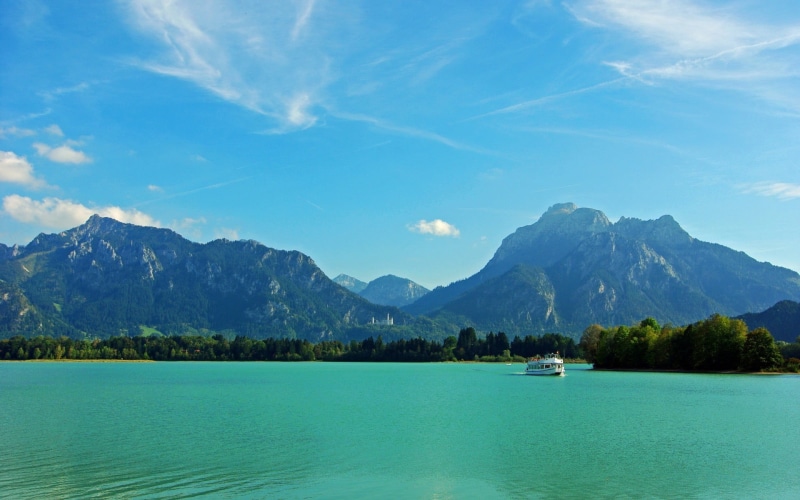 landscape, blue, sky, Neuschwanstein Castle, ship, 1080P, waterfront, no people, tree, tranquility, white, day, mountain, nautical vessel, transportation