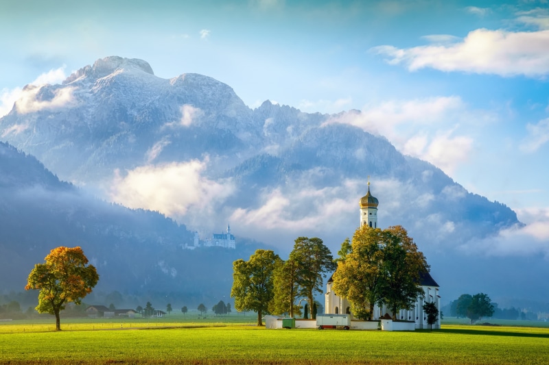 Schwangau, 2K, trees, Alps, Church Of The Holy Kalman, Neuschwanstein Castle, Germany, Church, Bayern, castle, Bavaria, mountains, Saint Coloman